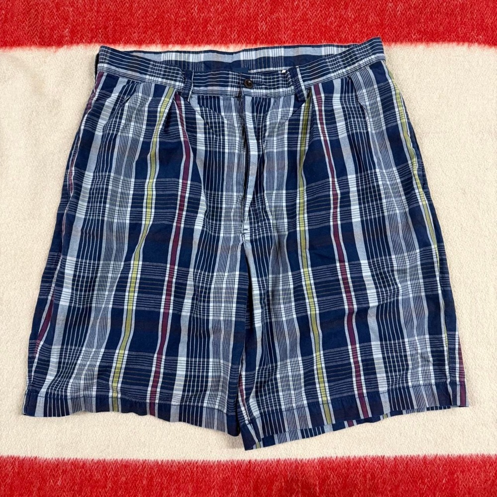 Polo Ralph Lauren Tyler Shorts Mens 35 Fits 33 Blue Plaid Pleated Vintage 90s